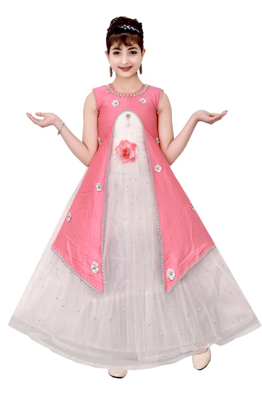 Girl's Sleeveless Long Maxi Soft Net Gown Dress Pack Of 1 ( Pink )