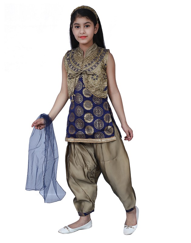 Girl's Silk Blend Sleeveless Kurtis & Patiala With Dupatta Set ( Blue )