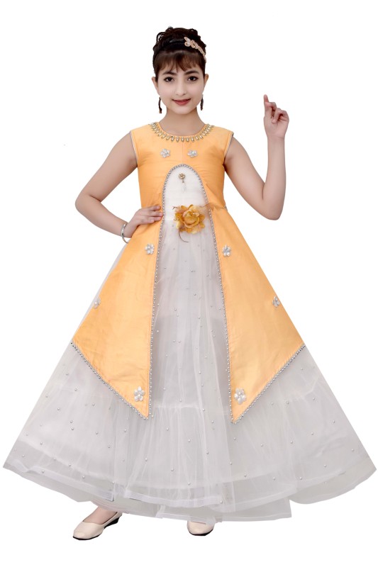 Girl's Sleeveless Long Maxi Soft Net Gown Dress Pack Of 1 ( Yellow )