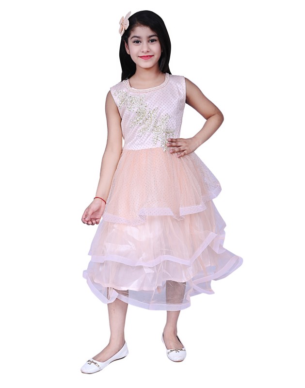 Girl's Net Patch Long Maxi Gown Dress Pack Of 1 ( Peach )