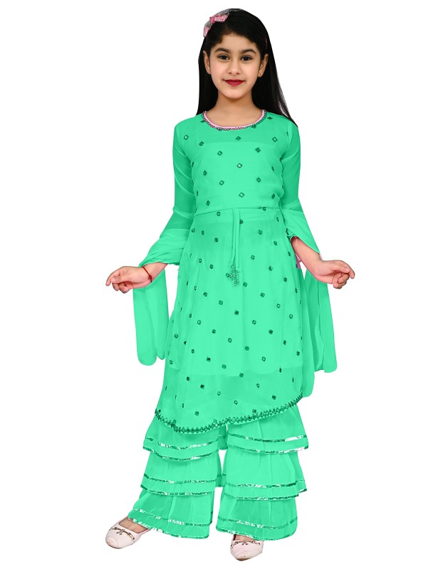 Girl's Georgette Mirror Work Kurtis And Palazzo Set Pack Of  1 ( Green )