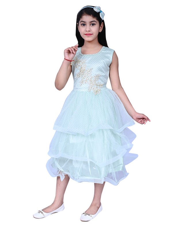 Girl's Net Patch Long Maxi Gown Dress Pack Of 1 ( Light Green )