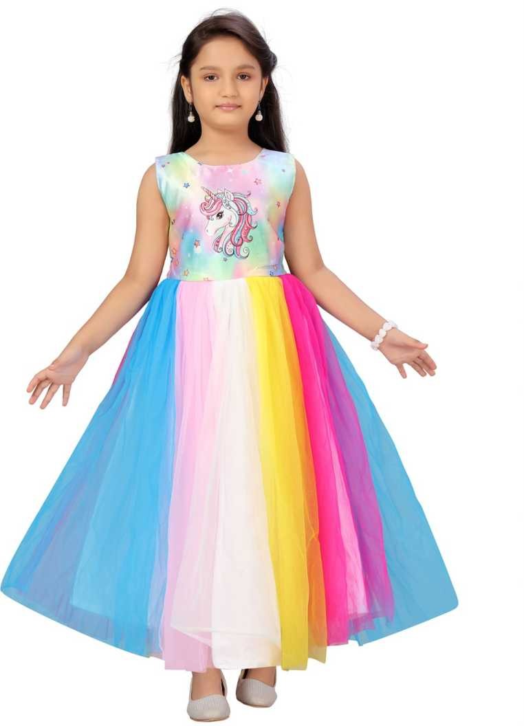 Girl's Multicolor Front Unicorn Print Long Maxi Gown Dress Pack Of 1