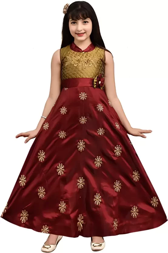 Girl's Silk Satin Embroidery Work Long Gown Dress ( Red )