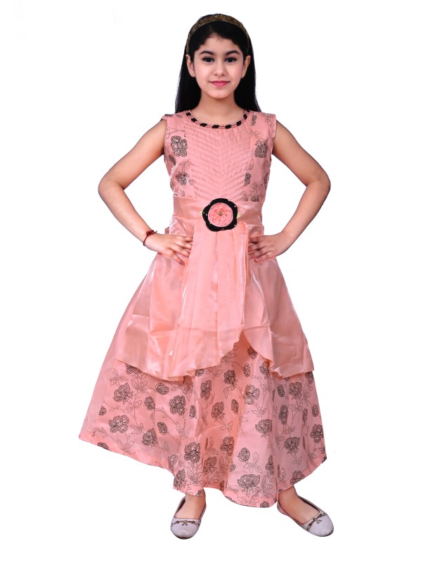 Girl's Printed Long Maxi Gown Dress Pack Of 1 ( Peach )