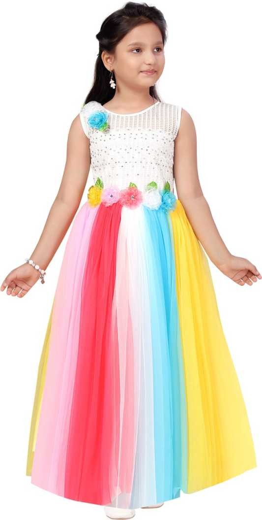 Girl's Multicolor Front Floral Design Long Maxi Gown Dress Pack Of 1