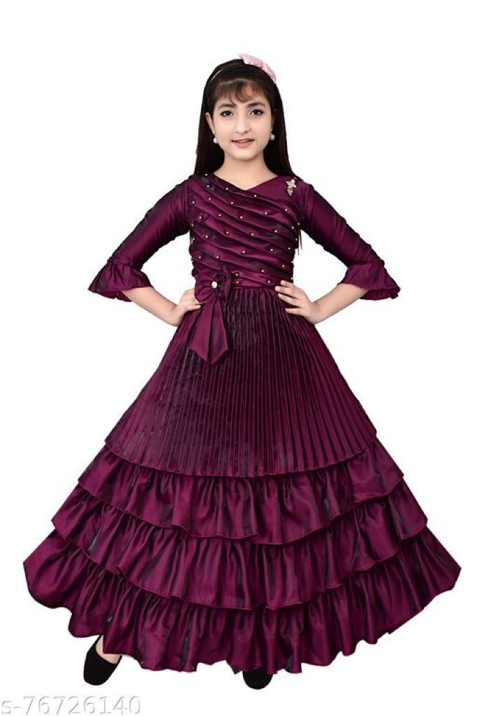 Girl's Blackberry Silk Long Frill Gown Dress Pack Of 1 ( Purple )