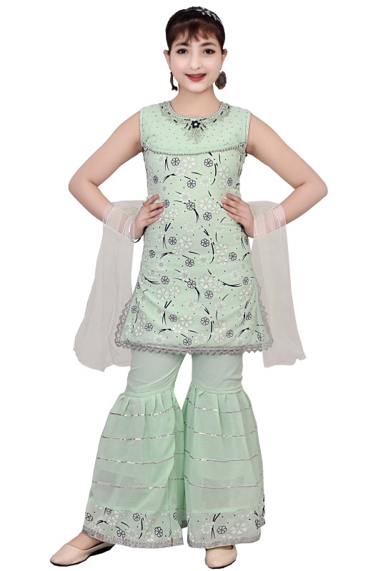 Girl's Silk Blend Kurti with Sharara and Dupatta Set Pack Of 1 ( Green )