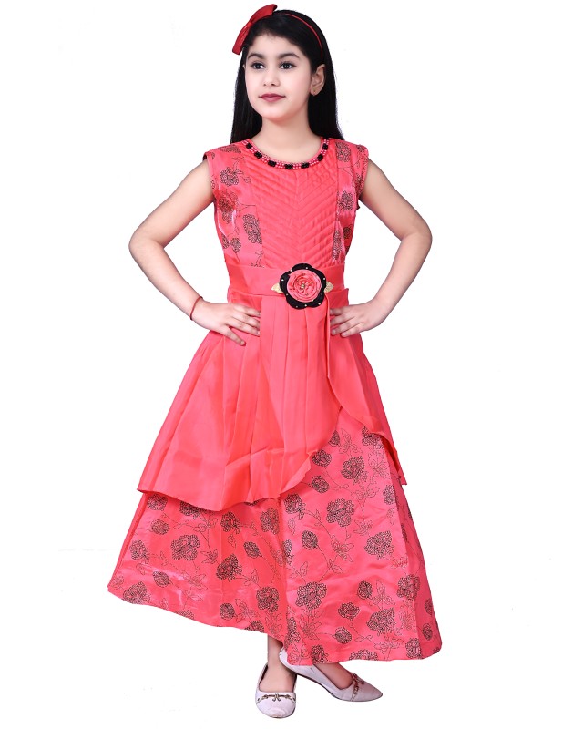 Girl's Printed Long Maxi Gown Dress Pack Of 1 ( Gajri )