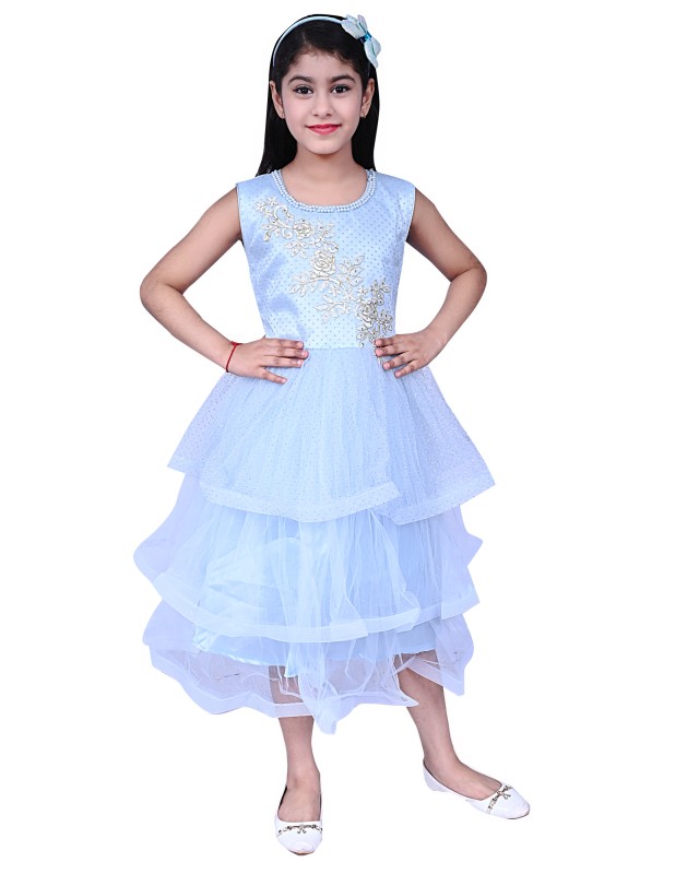 Girl's Net Patch Long Maxi Gown Dress Pack Of 1 ( Light Blue )