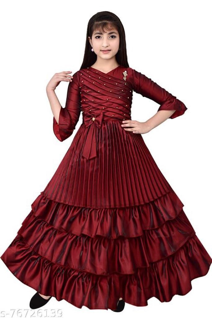 Girl's Blackberry Silk Long Frill Gown Dress Pack Of 1 ( Maroon )