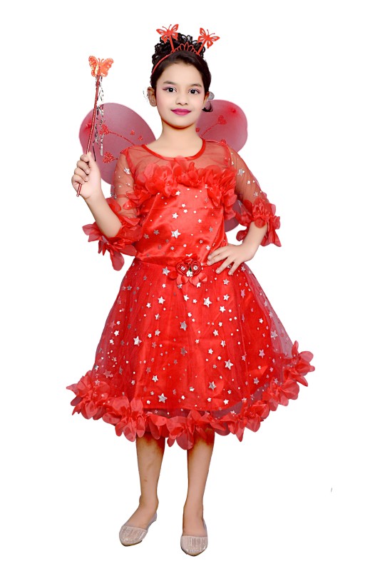 Girl's Star Print Knee Length Angel Frocks Inside Of Pack Wings , Stick And Hairband Pack Of 1 ( Red )