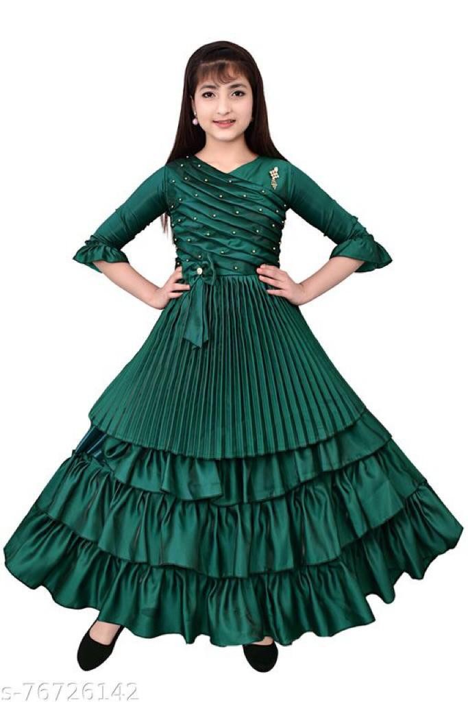 Girl's Blackberry Silk Long Frill Gown Dress Pack Of 1 ( Green )