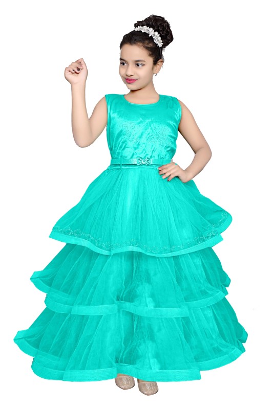 Girl's Net Frill Long Maxi Gown Dress Pack Of 1 ( Light Blue )