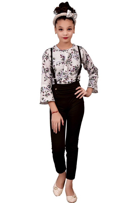 Girl's Casual Wear Floral Print Dungaree Set Pack Of 1 ( Black )