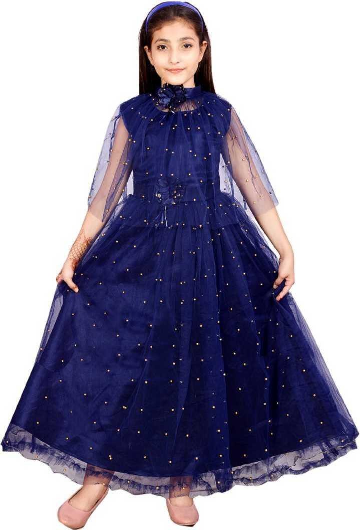 Girl's Pochu Style Net Blend Long Gown Dress Pack Of 1 ( Dark Blue )