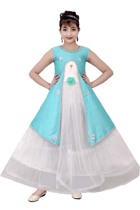 Girl's Sleeveless Long Maxi Soft Net Gown Dress Pack Of 1 ( Blue )