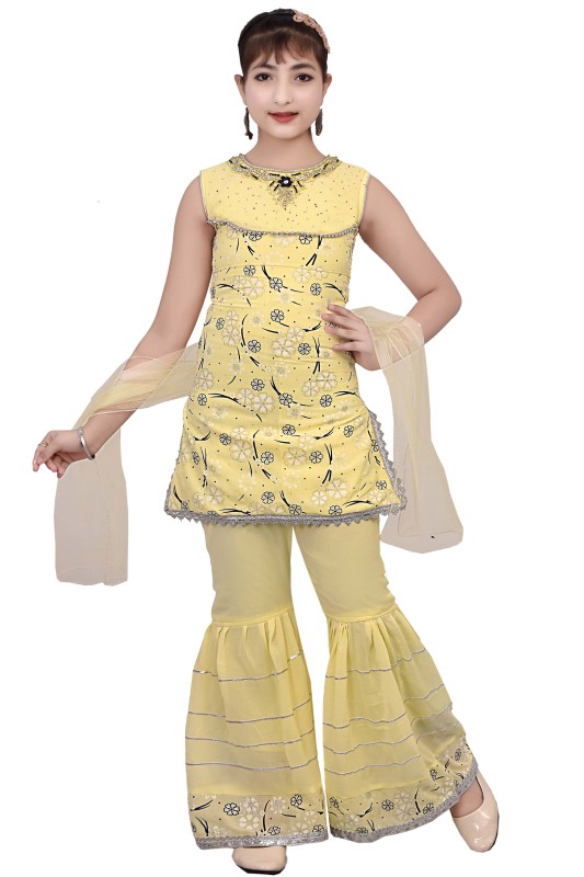 Girl's Silk Blend Kurti with Sharara and Dupatta Set Pack Of 1 ( Yellow )