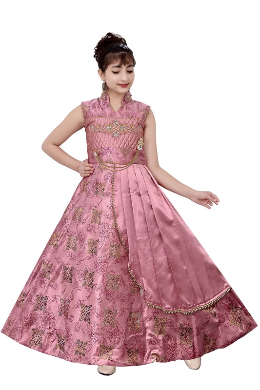 Girl,s Satin Floral Print Long Maxi Gown Dress Pack Of 1 ( Pink )