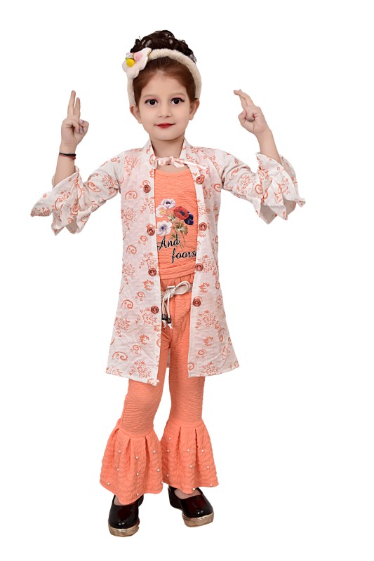 Girl's Cotton Blend Shurg With Top & Bottom Set Pack Of 1 ( Orange )
