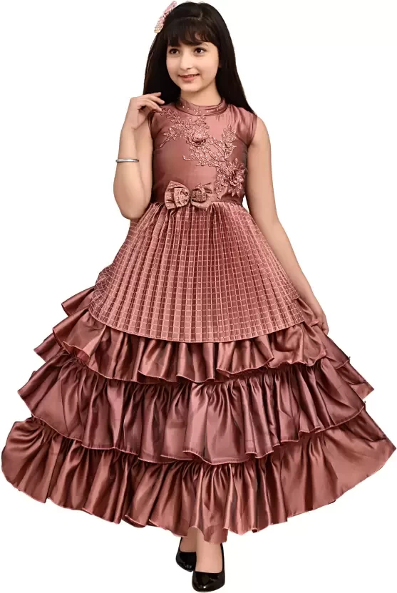Girl's Long Floor Length Silk Satin Frill Gown Dress Pack Of 1 ( Peach )