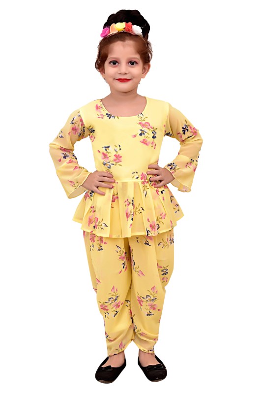 Girls Floral Print Casual Chiffon Kurta And Dhoti Set Pack Of 1