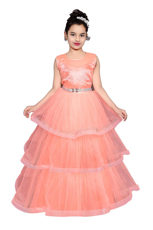 Girl's Net Frill Long Maxi Gown Dress Pack Of 1 ( Peach )