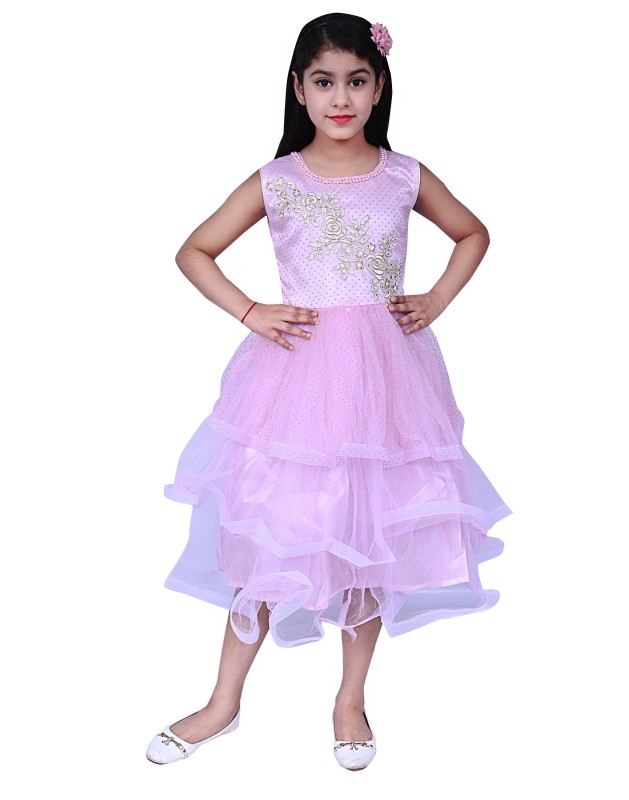 Girl's Net Patch Long Maxi Gown Dress Pack Of 1 ( Pink )