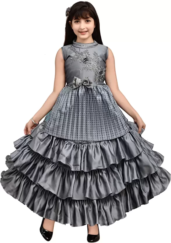 Girl's Long Floor Length Silk Satin Frill Gown Dress Pack Of 1 ( Grey )