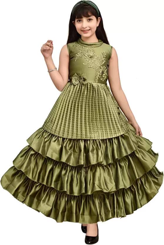 Girl's Long Floor Length Silk Satin Frill Gown Dress Pack Of 1 ( Green )